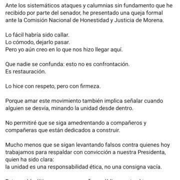 Brenda Ríos denuncia ante Morena a Juan Carlos Loera por violencia política de género