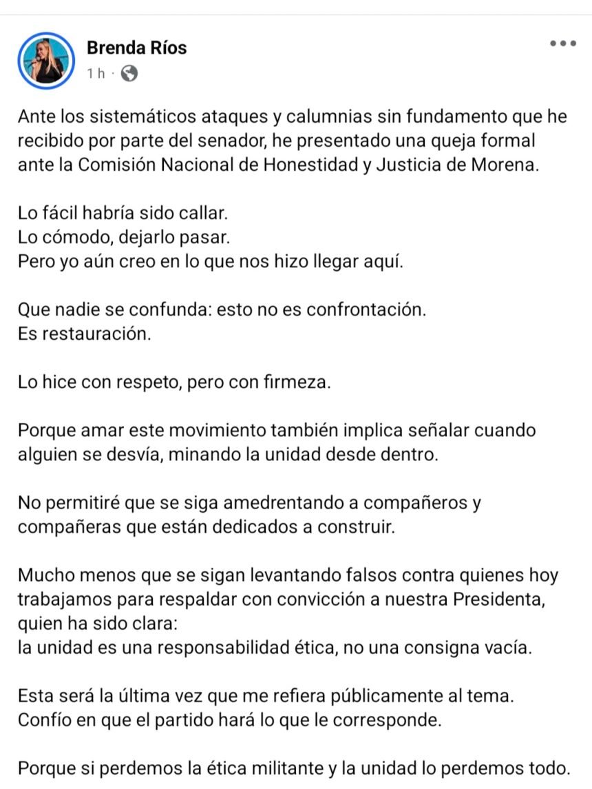 Brenda Ríos denuncia ante Morena a Juan Carlos Loera por violencia política de género