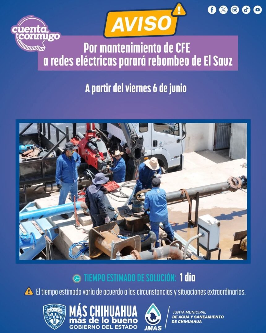 Mantenimiento en red eléctrica afectará suministro de agua en más de 100 colonias