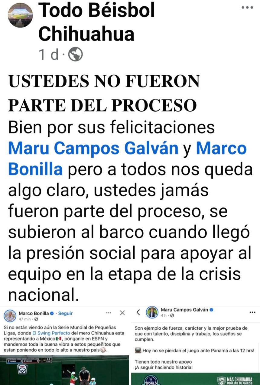 Screenshot_20250818_150912_Facebook(1) Los tunden en redes: Maru Campos y Marco Bonilla se cuelgan triunfo de equipo de béisbol
