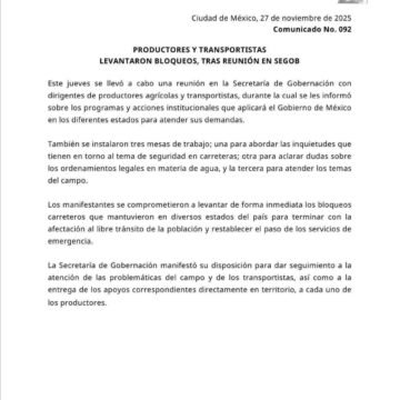 Productores y transportistas levantan bloqueos tras alcanzar acuerdos con Segob