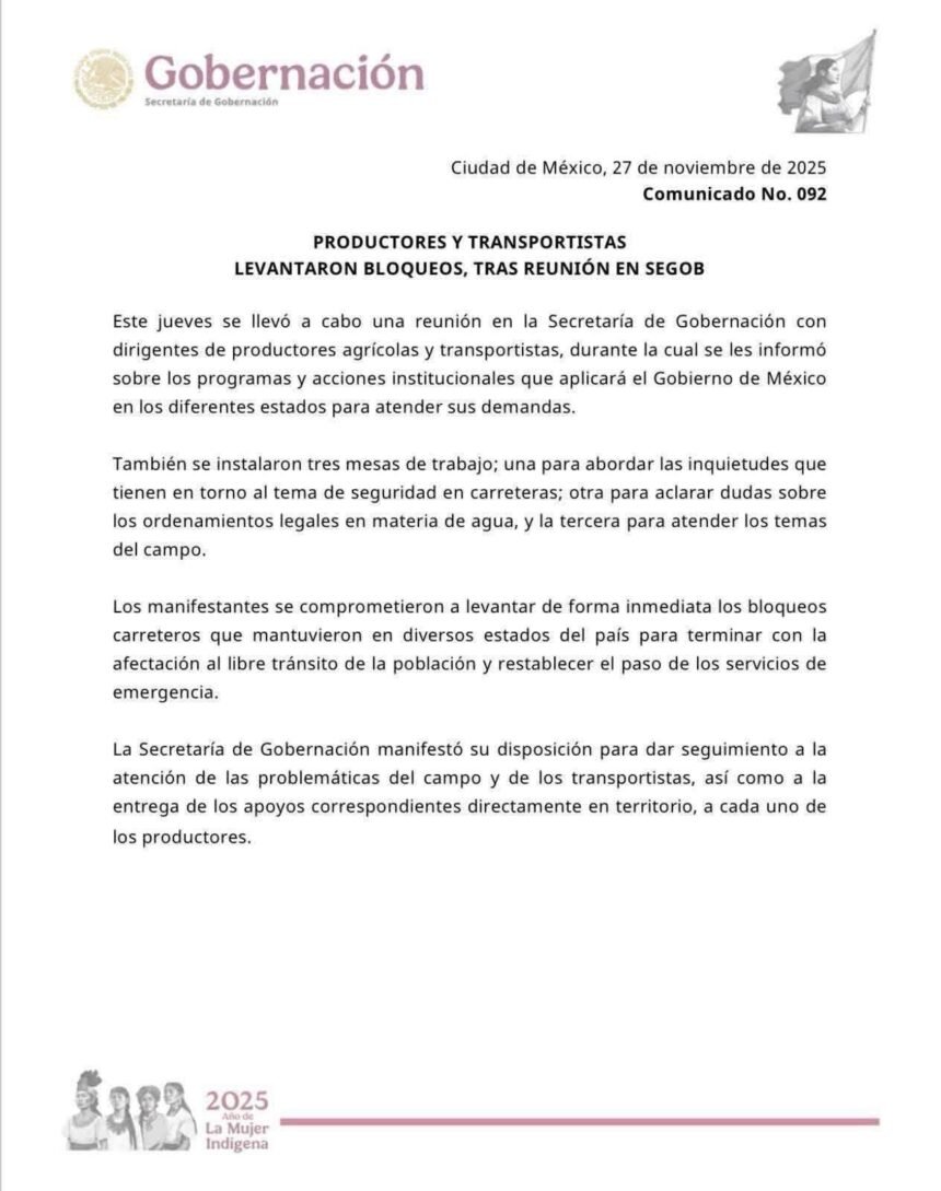 Productores y transportistas levantan bloqueos tras alcanzar acuerdos con Segob