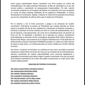 Bancada de Morena en el Congreso se posiciona por ausencia de diputadas que permitieron deuda