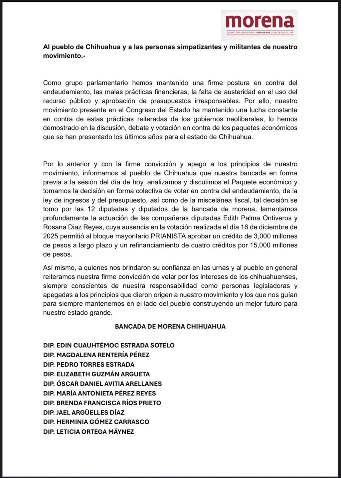 IMG-20251216-WA0048 Bancada de Morena en el Congreso se posiciona por ausencia de diputadas que permitieron deuda