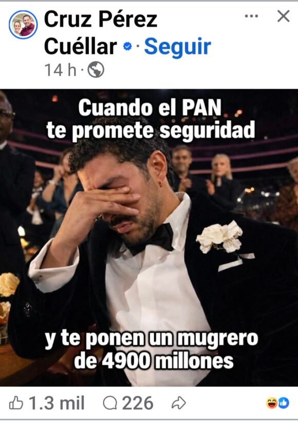 Cruz Pérez Cuéllar ironiza con meme sobre seguridad y Torre Centinela