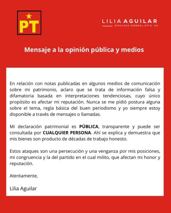 Lilia Aguilar niega irregularidades en su patrimonio y acusa campaña difamatoria