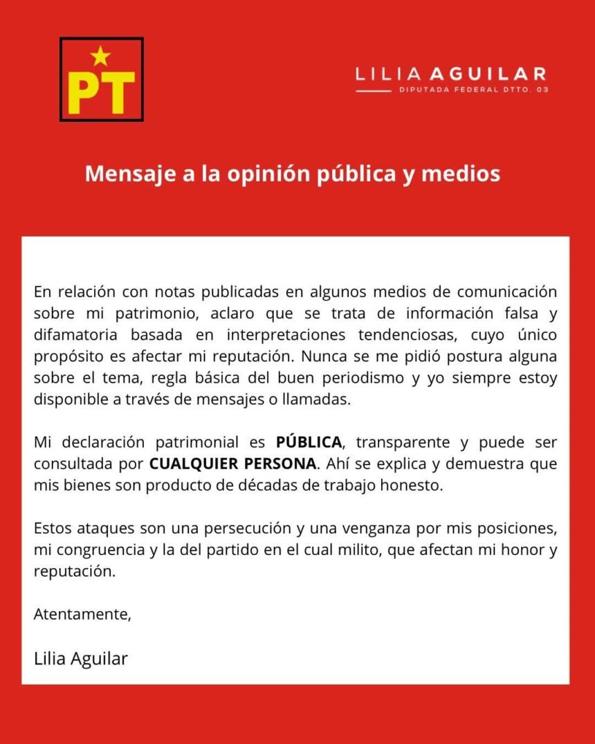 Lilia Aguilar niega irregularidades en su patrimonio y acusa campaña difamatoria