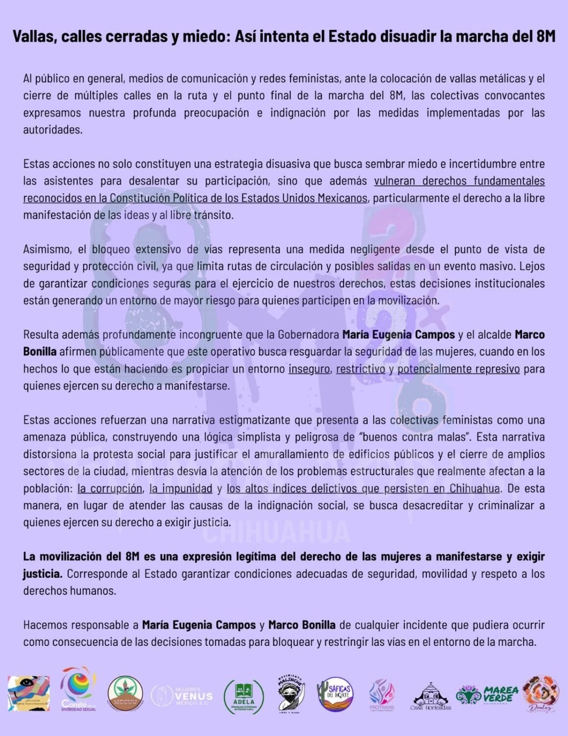 Colectivas acusan que vallas y cierres viales buscan disuadir marcha del 8M