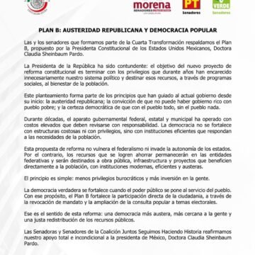 Senadores de la 4T respaldan “Plan B” de reforma electoral propuesto por Sheinbaum