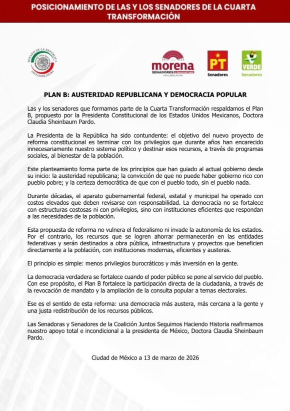 Senadores de la 4T respaldan “Plan B” de reforma electoral propuesto por Sheinbaum