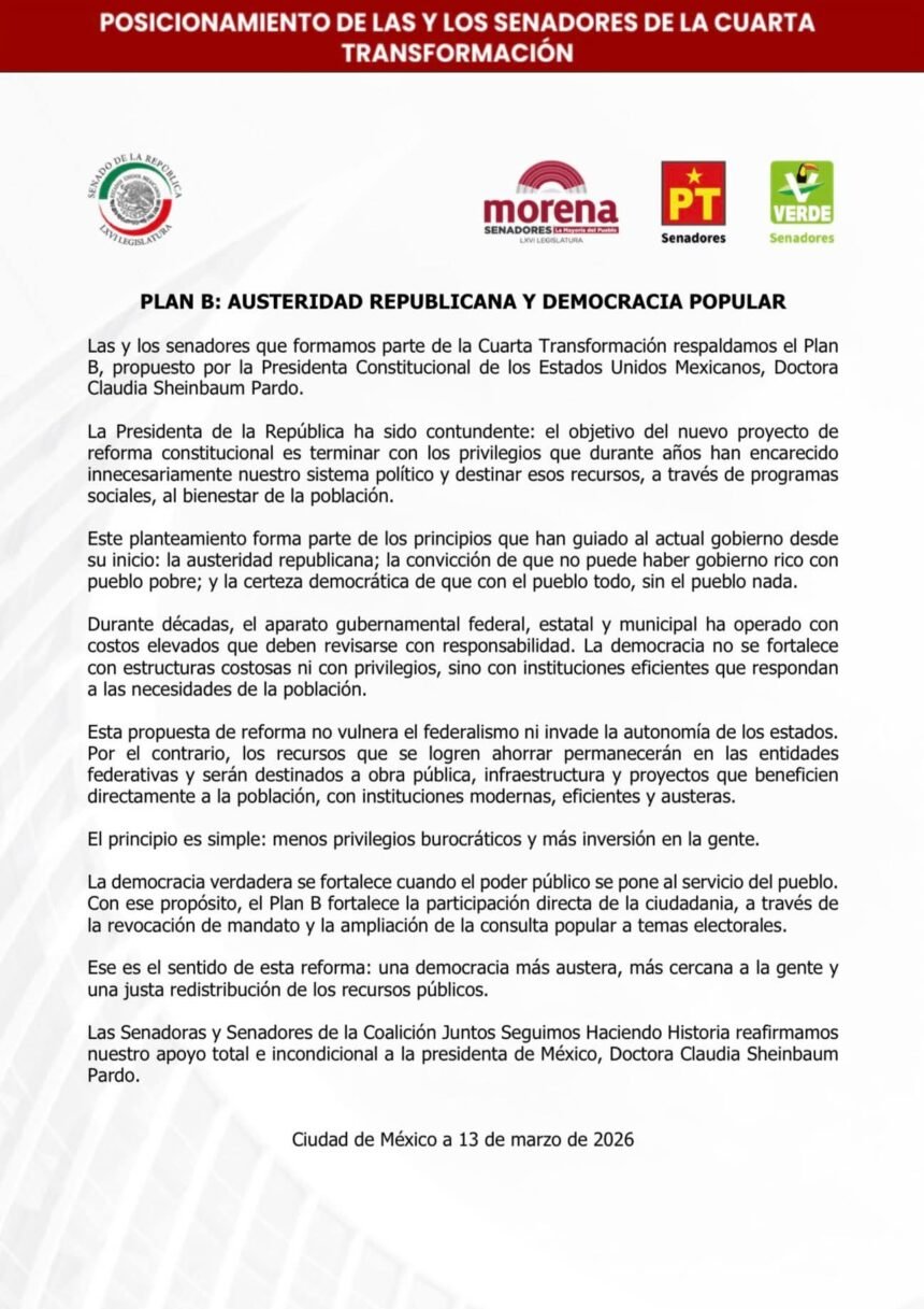 Senadores de la 4T respaldan “Plan B” de reforma electoral propuesto por Sheinbaum