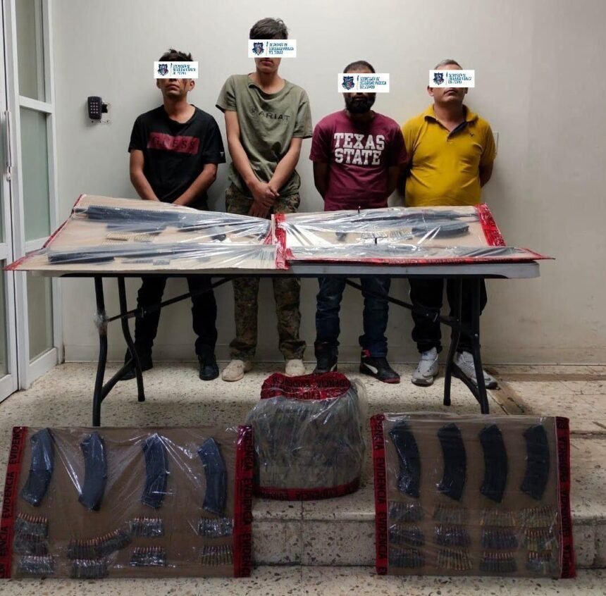 Asegura SSPE a cuatro masculinos en posesión de armas de fuego y cartuchos en el municipio de Aldama