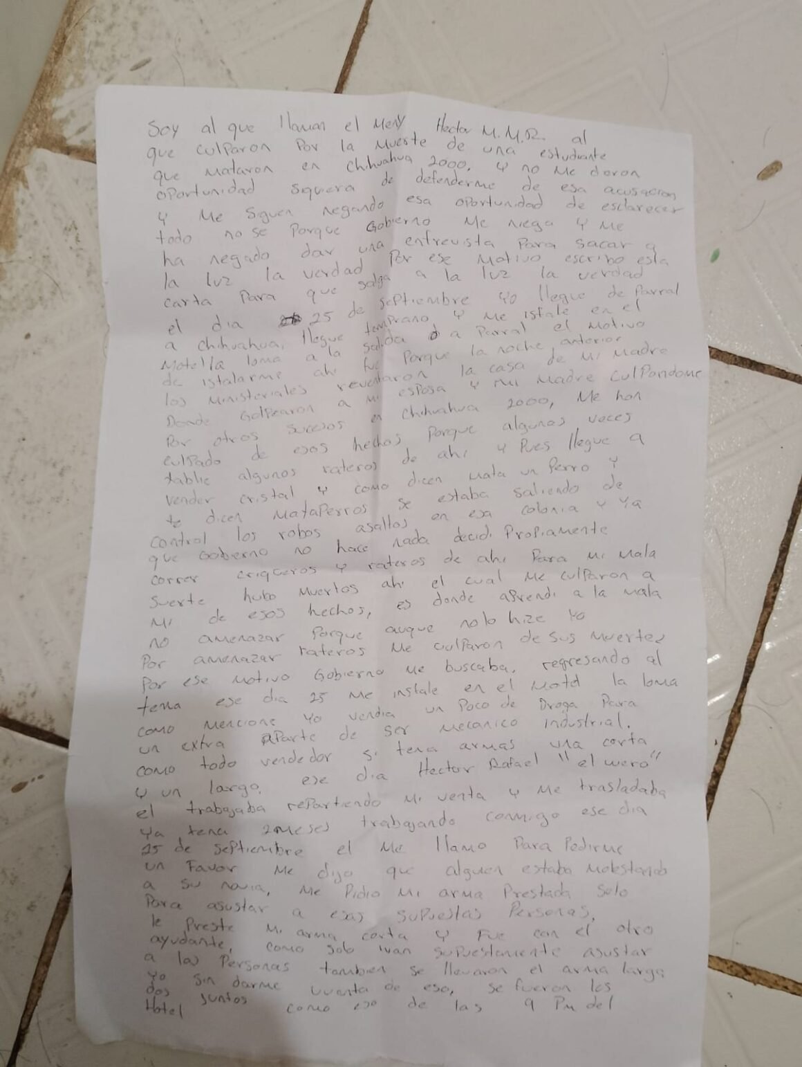 Difunden carta de interno que se declara inocente de homicidio ocurrido en Chihuahua 2000