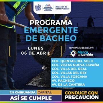 Siete zonas tendrás bacheo este lunes 6 de abril: Municipio