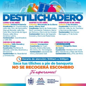 Estará Destilichadero en ocho colonias del 13 al 18 de abril