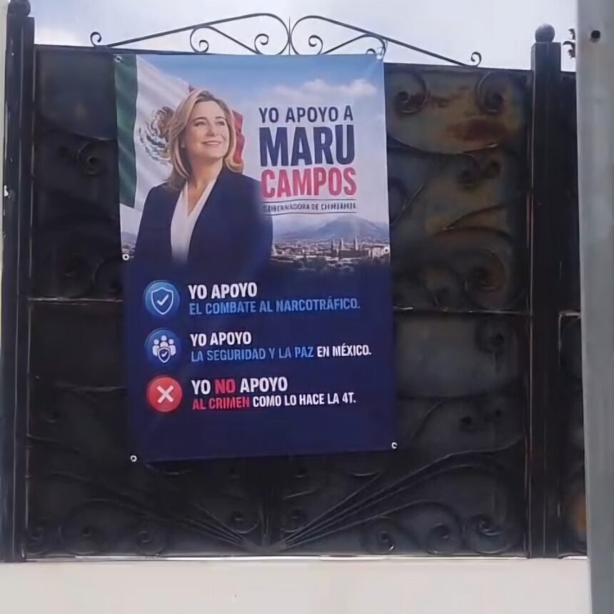 Colocan lona de apoyo a Maru Campos afuera de domicilio de Javier Corral